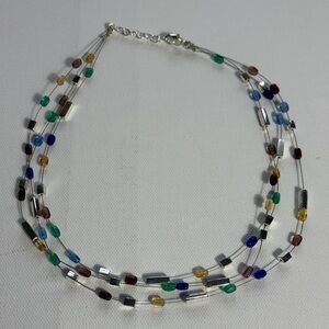 Multicolor Beaded Multi Strand Necklace Silver Tone Minimalist